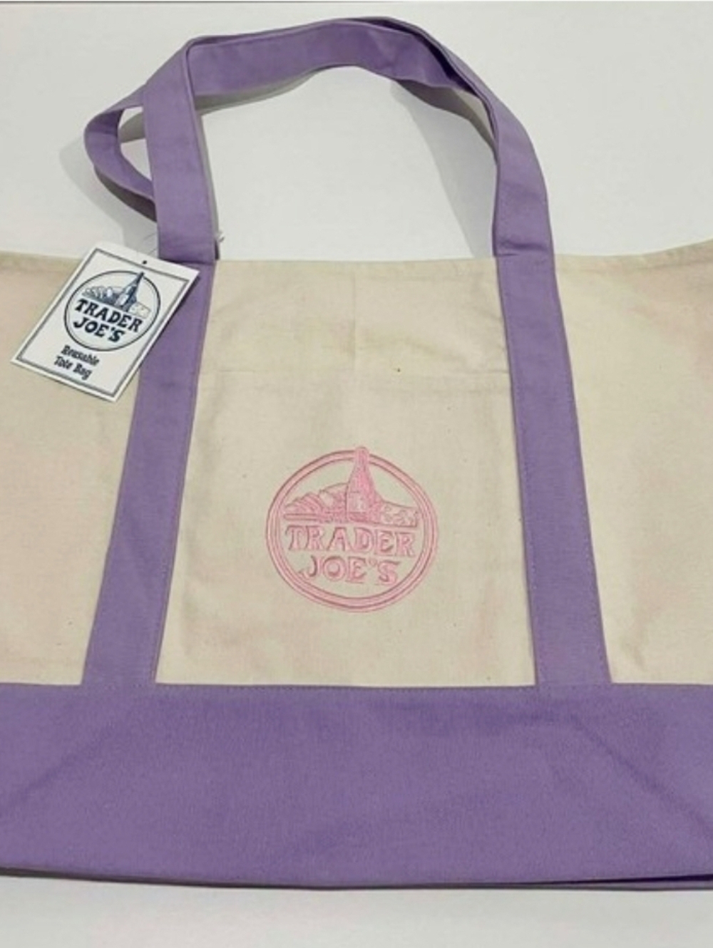NWT- Large Trader Joe's Lavender and Cream Canvas Tote Bag - Picture 2 of 3